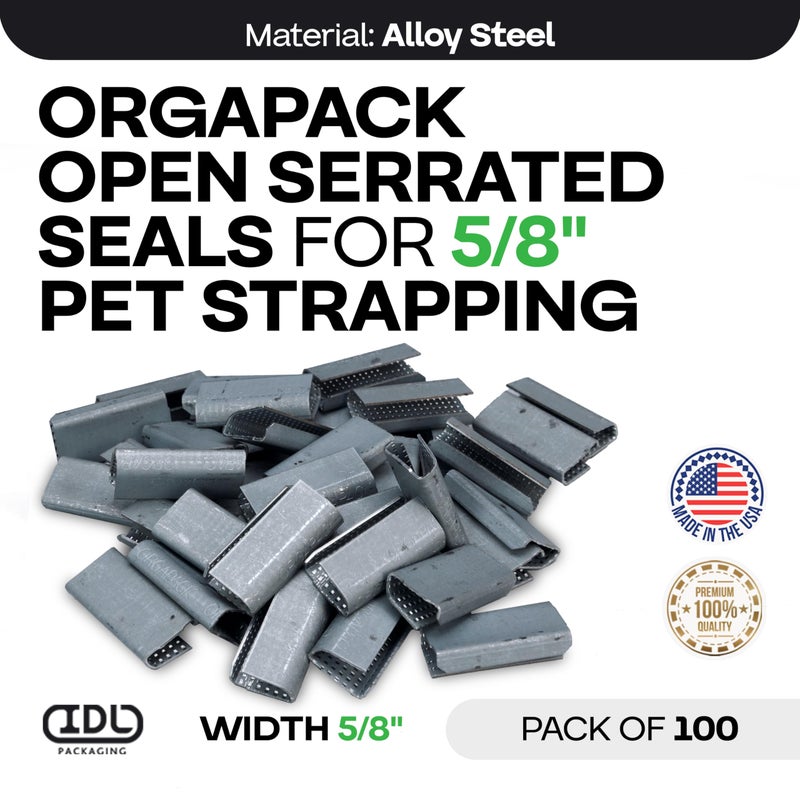 IDL Packaging Orgapack Open Serrated Seals for 5/8" Strap Width Polyester (PET) Strapping (Pack of 100) - Patented Serrated Pattern - Superior Holding Power of Packaging Strapping - Image 2